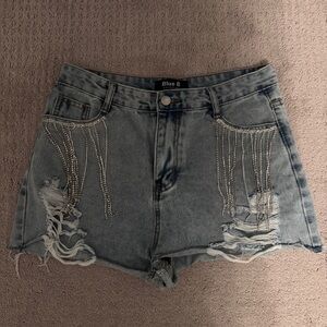 Jean Shorts with Rhinestone Tassel